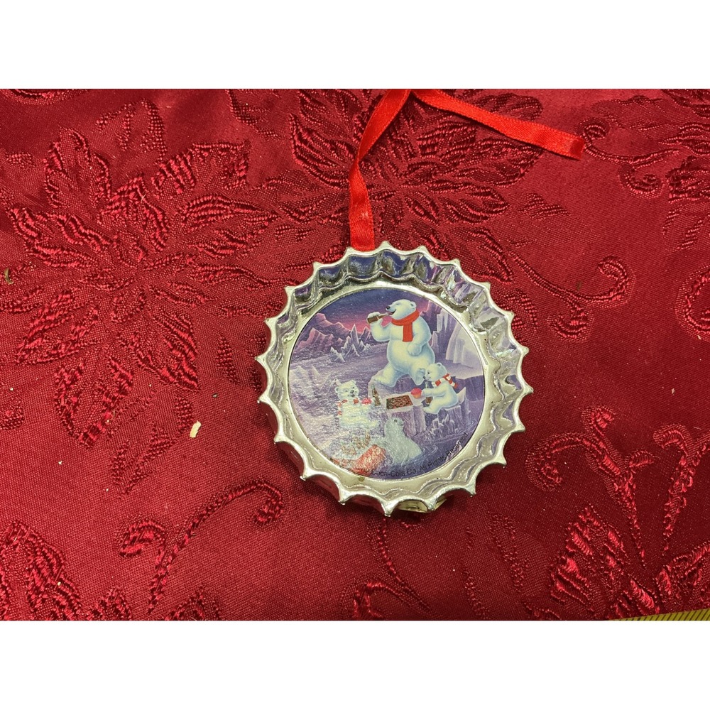 Coca-Cola Polar Bear Bottle Cap Christmas Ornament Silver Red Holiday Decor